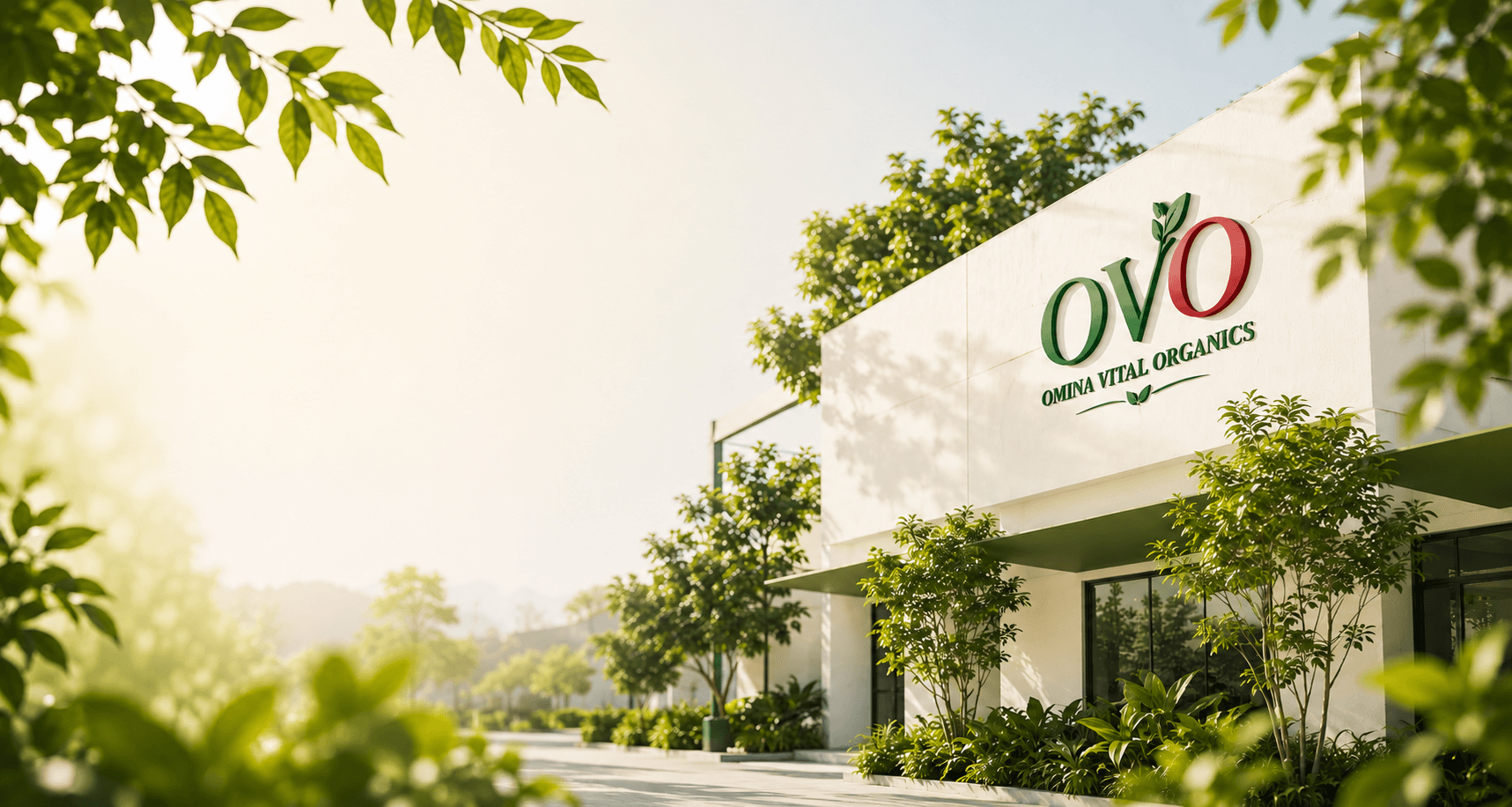 The OVO — Omina Vital Organics building, its sign framed by trees in morning light