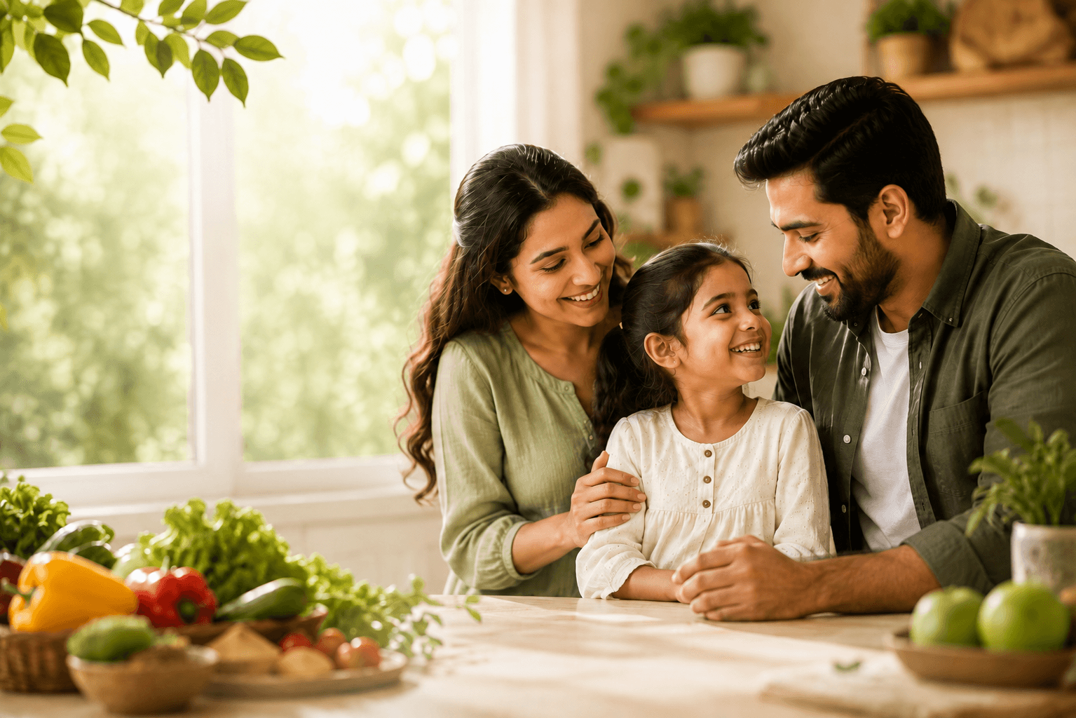 A family sharing a kitchen table surrounded by fresh vegetables and herbs